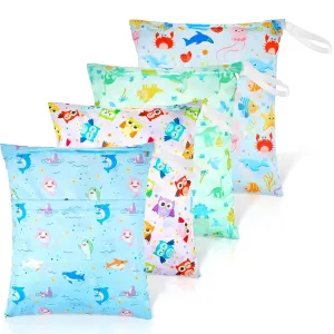 Frienda 4 Pieces Wet Dry Bag for Baby Waterproof Reusable Washable Diaper Bag Sealed with Handle for Travel, Beach, Swimsuit, Diapers, Dirty Gym Clothes and Toiletries (Animal)