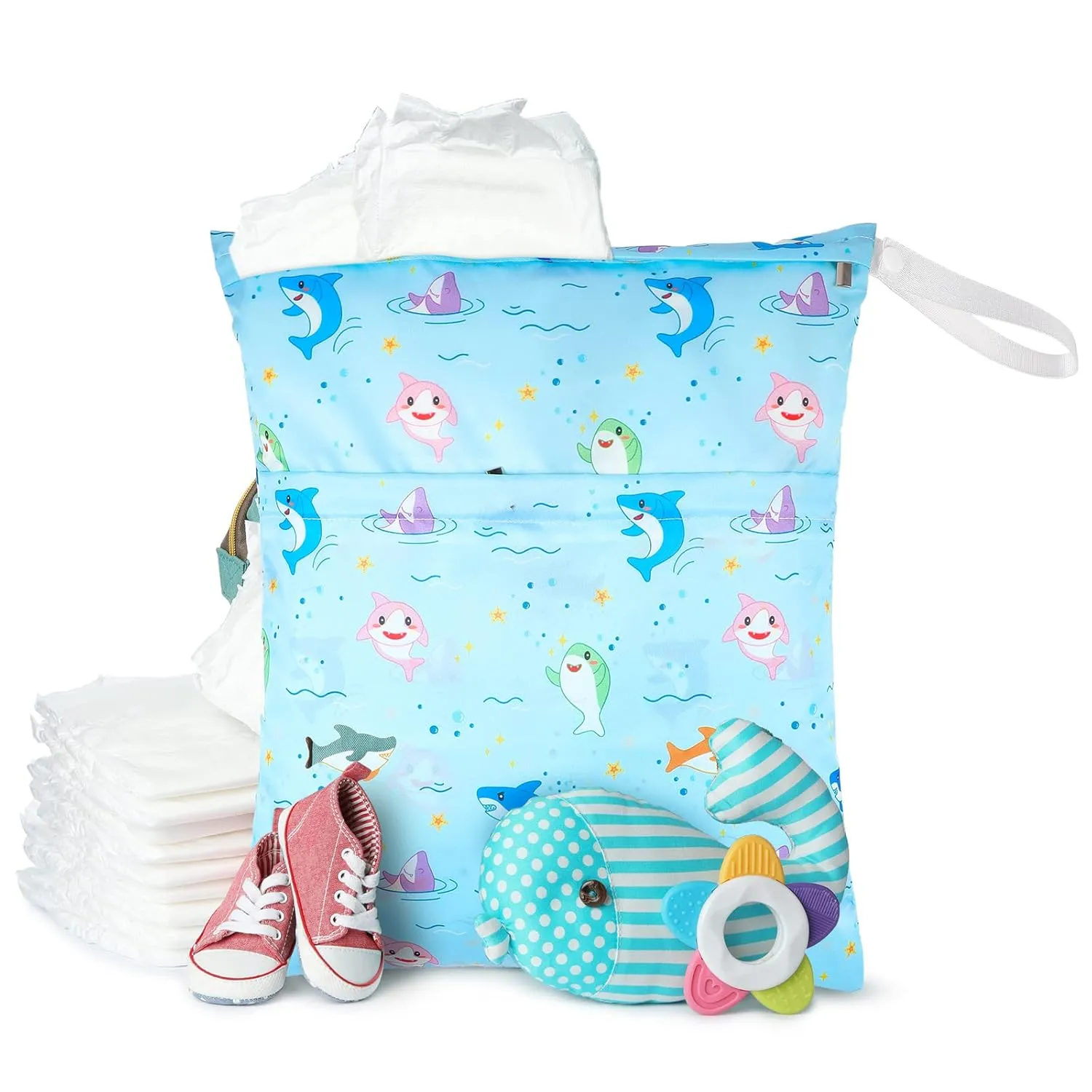 Frienda 4 Pieces Wet Dry Bag for Baby Waterproof Reusable Washable Diaper Bag Sealed with Handle for Travel, Beach, Swimsuit, Diapers, Dirty Gym Clothes and Toiletries (Animal)