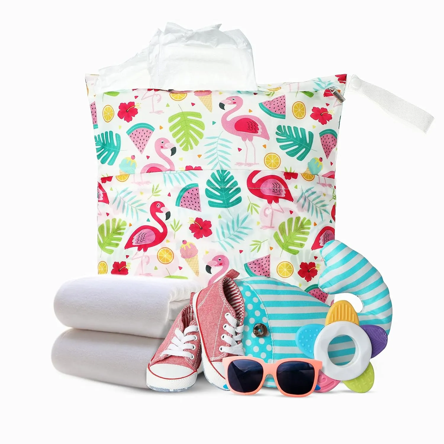 Frienda 4 Pieces Wet Dry Bag for Baby Waterproof Reusable Washable Diaper Bag Sealed with Handle for Travel, Beach, Swimsuit, Diapers, Dirty Gym Clothes and Toiletries (Hawaii)