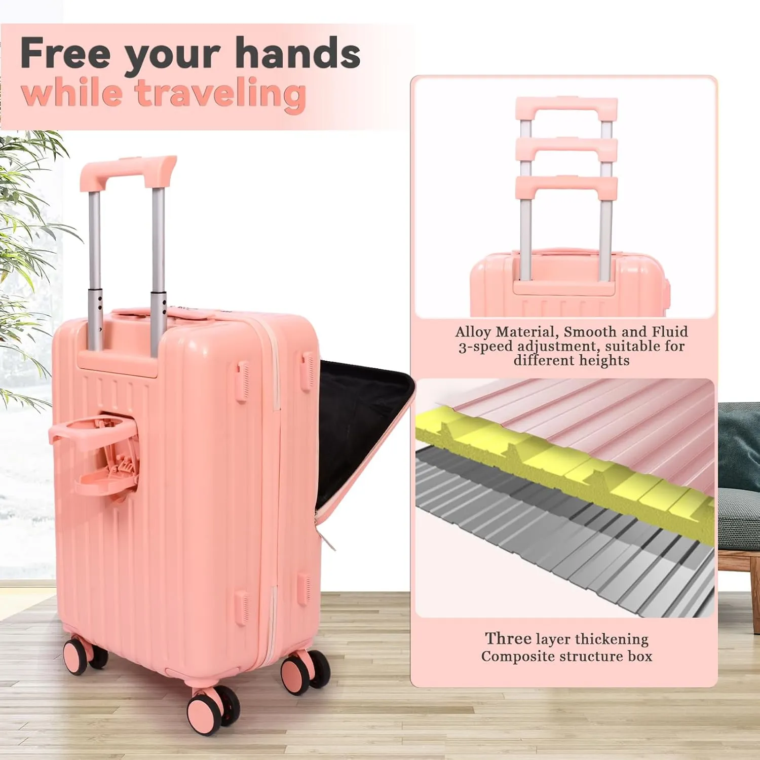 Front Pocket Luggage, Carry-on Luggage with Spinner Wheels, Suitcase with Cup Holder, USB Port (Pink, Carry-On 20-Inch)
