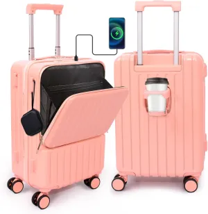 Front Pocket Luggage, Carry-on Luggage with Spinner Wheels, Suitcase with Cup Holder, USB Port (Pink, Carry-On 20-Inch)