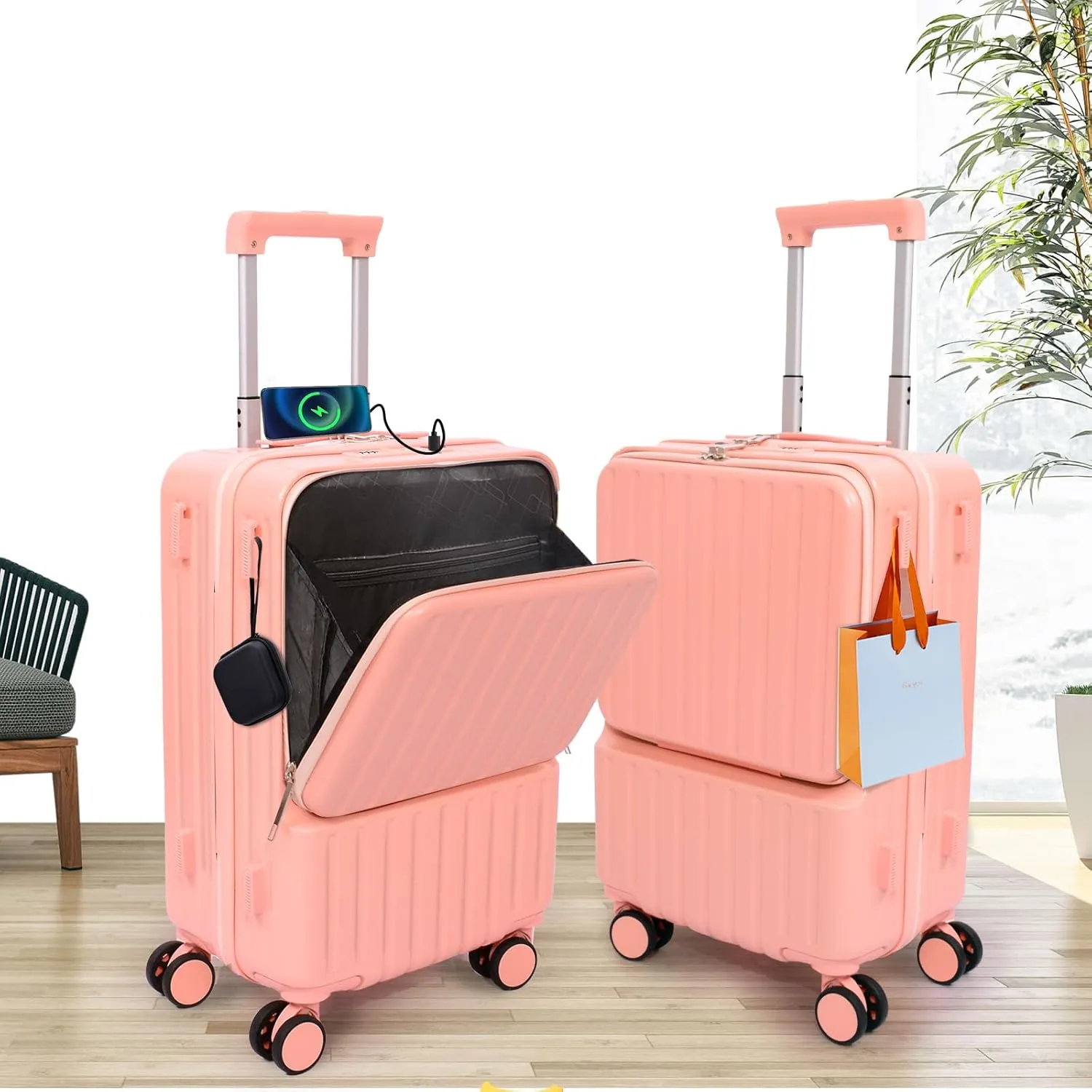 Front Pocket Luggage, Carry-on Luggage with Spinner Wheels, Suitcase with Cup Holder, USB Port (Pink, Carry-On 20-Inch)