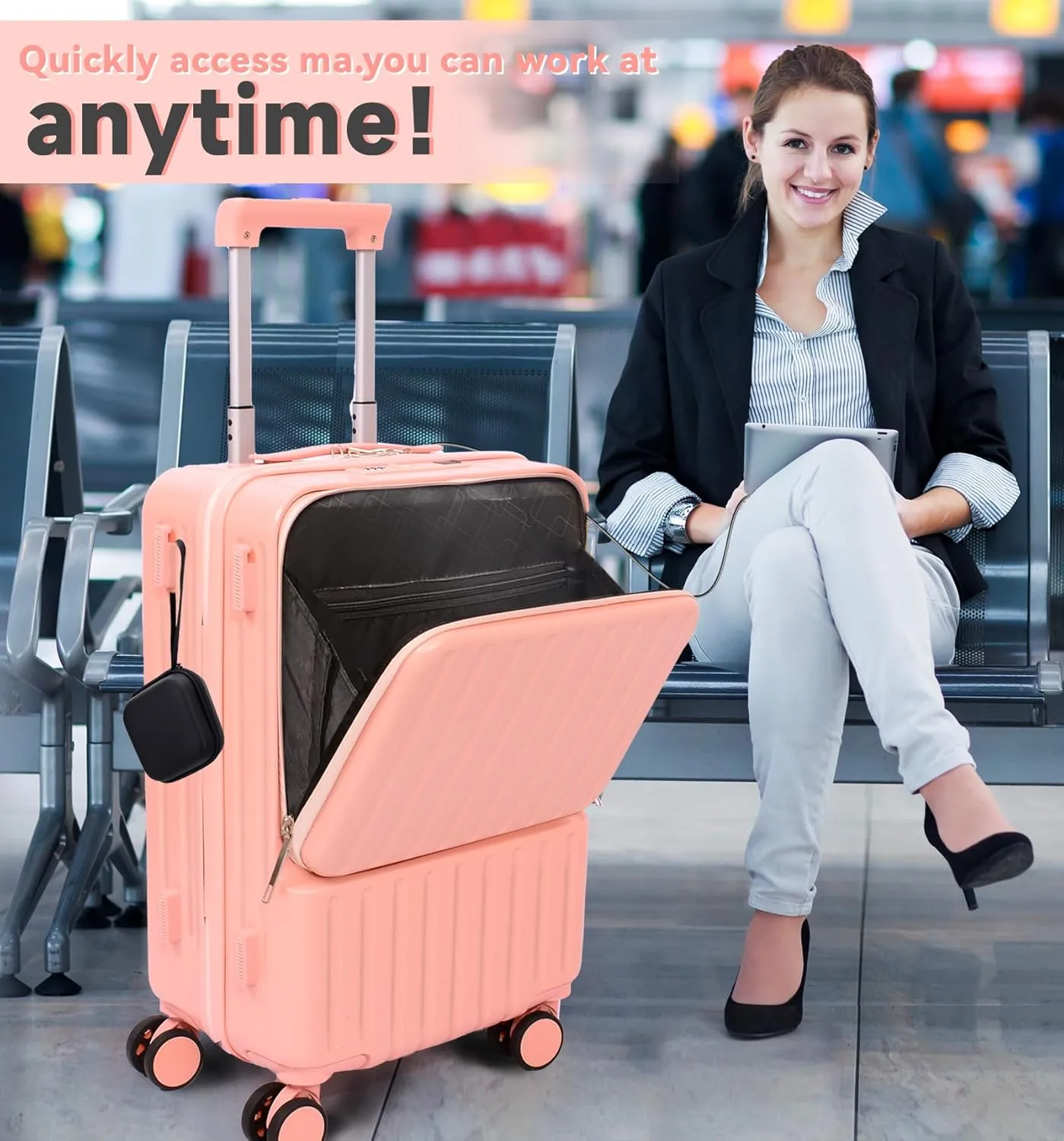 Front Pocket Luggage, Carry-on Luggage with Spinner Wheels, Suitcase with Cup Holder, USB Port (Pink, Carry-On 20-Inch)