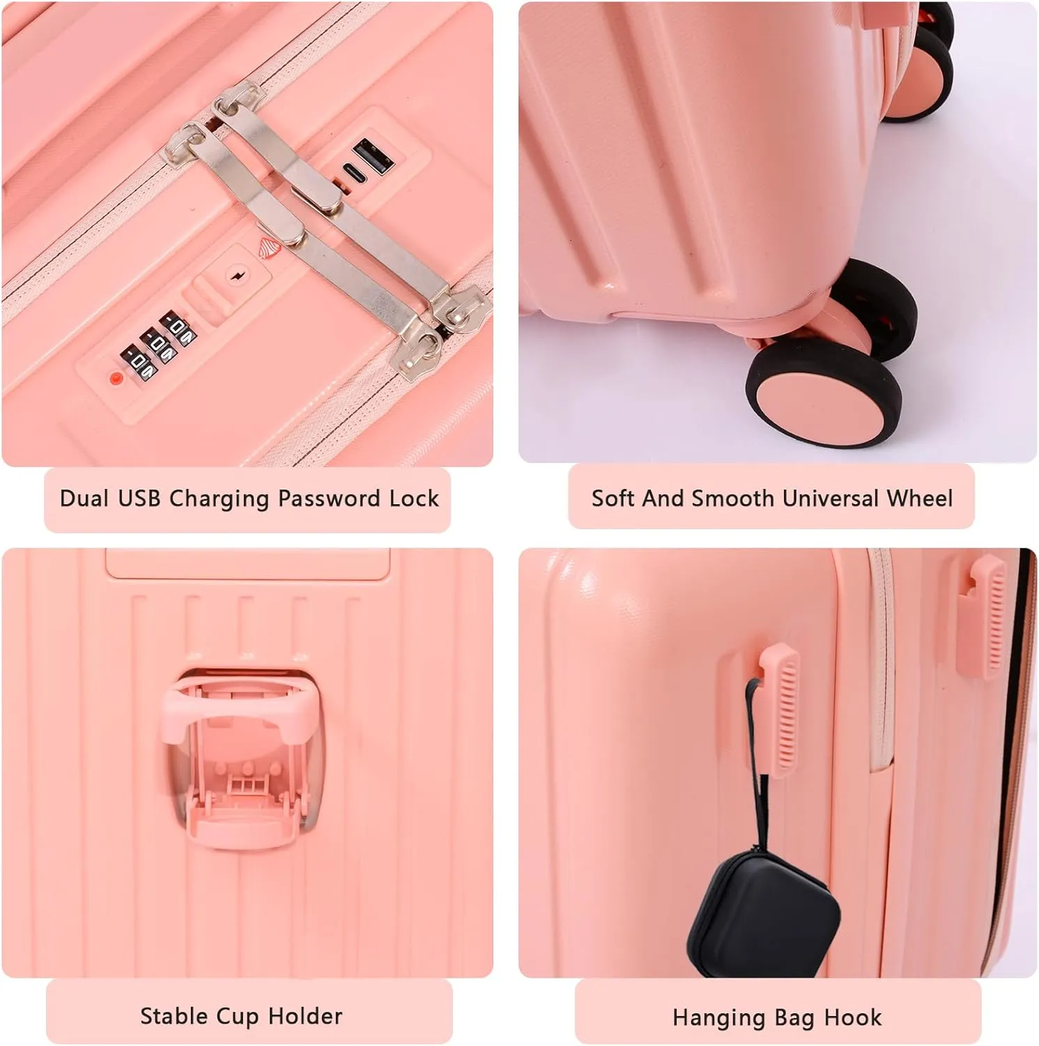 Front Pocket Luggage, Carry-on Luggage with Spinner Wheels, Suitcase with Cup Holder, USB Port (Pink, Carry-On 20-Inch)