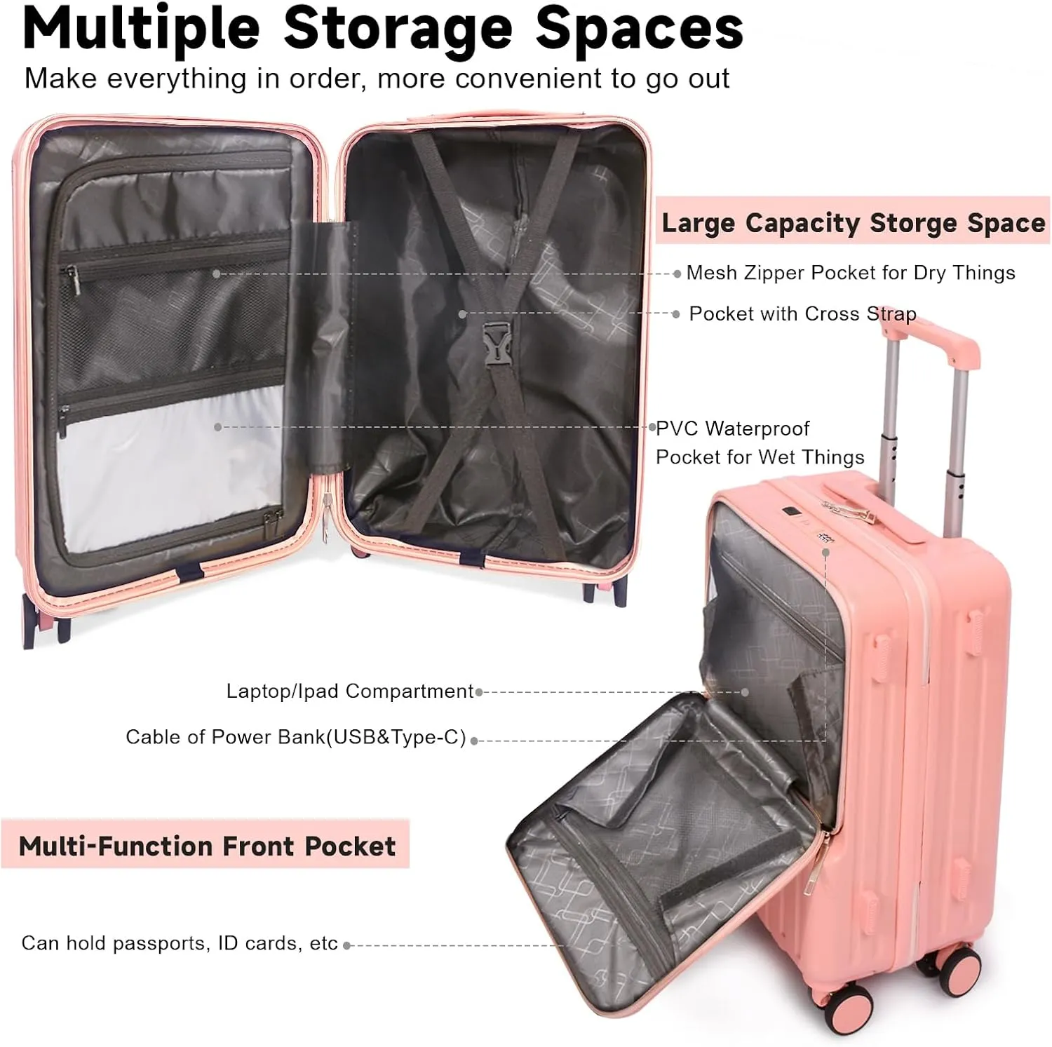 Front Pocket Luggage, Carry-on Luggage with Spinner Wheels, Suitcase with Cup Holder, USB Port (Pink, Carry-On 20-Inch)