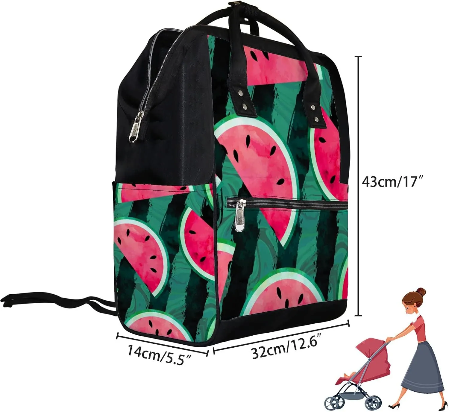 Fruity Watercolor Watermelon Diaper Bag Backpack Waterproof Backpack Baby Nappy Changing Bag for Travel Large Capacity Durable and Stylish for Woman