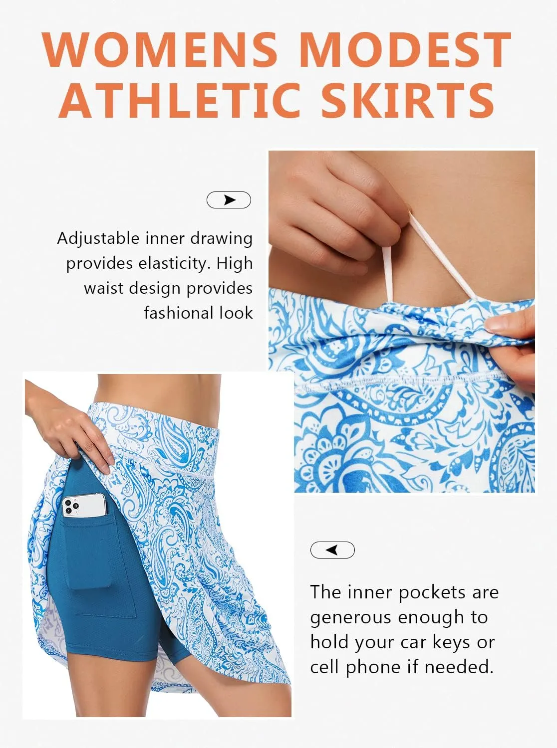 Fulbelle Golf Skorts Skirts for Women with 3 Pockets 20" Knee Length High Waisted Skorts
