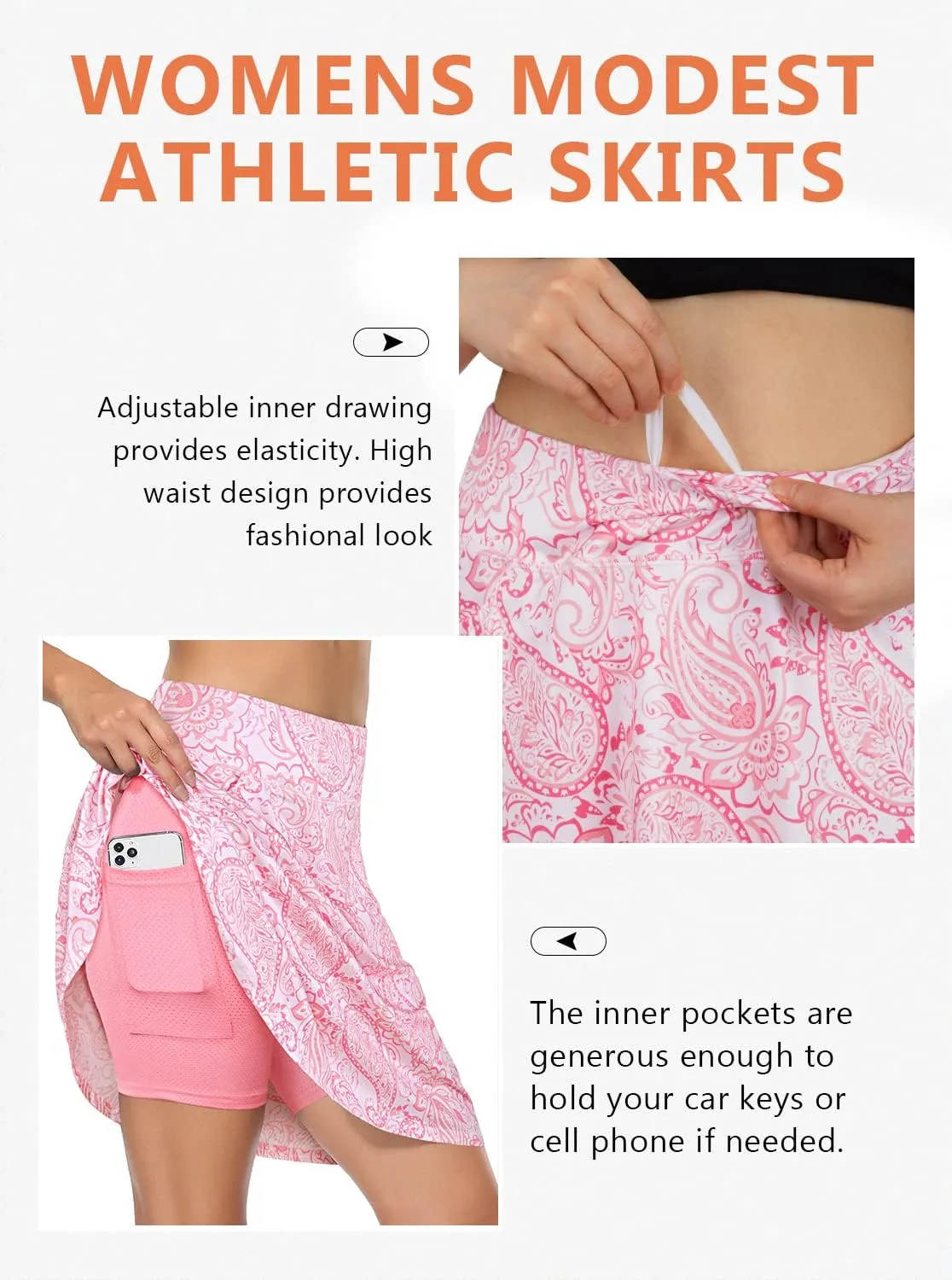 Fulbelle Golf Skorts Skirts for Women with 3 Pockets 20" Knee Length High Waisted Skorts