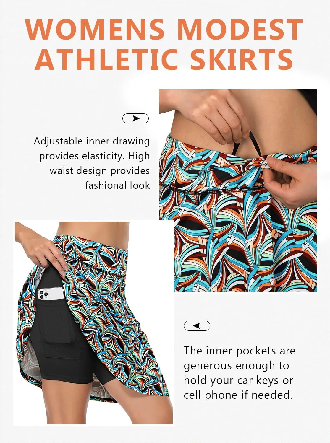 Fulbelle Golf Skorts Skirts for Women with 3 Pockets 20" Knee Length High Waisted Skorts