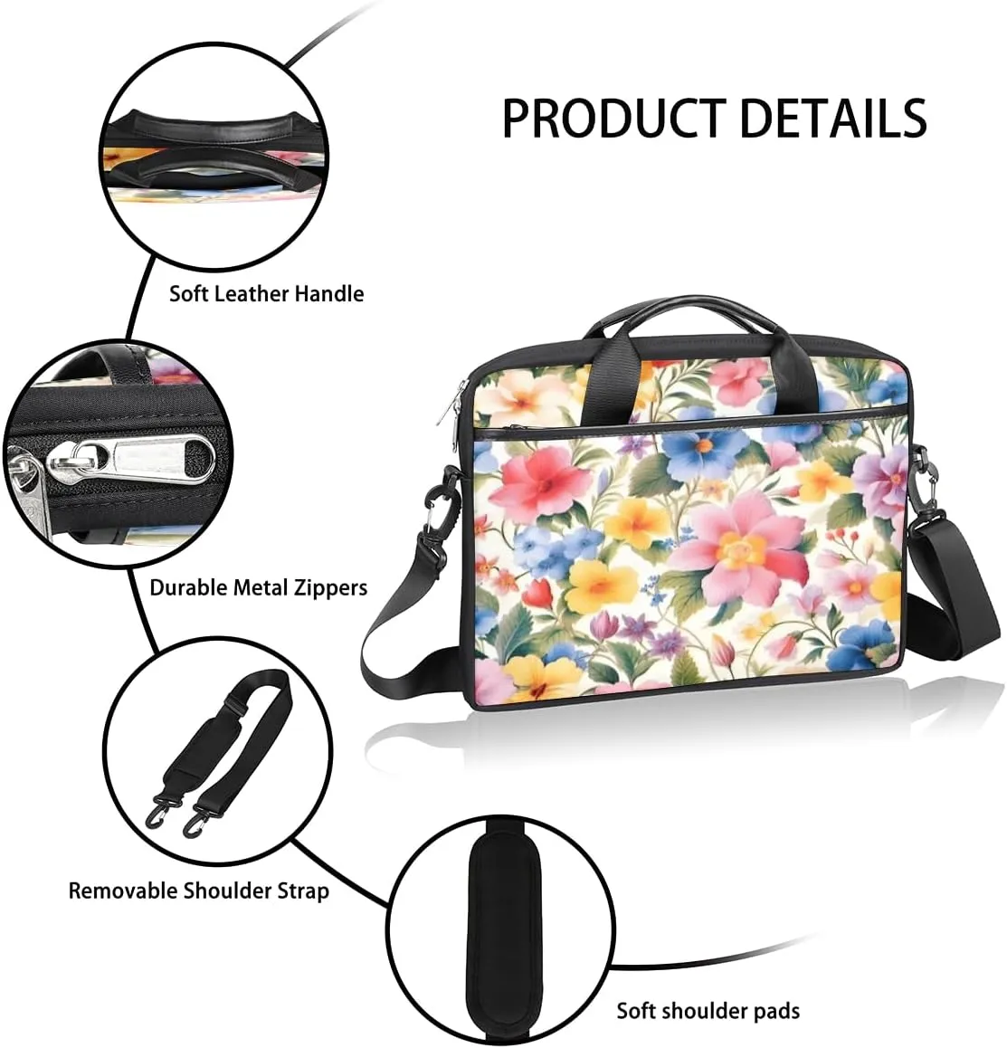 Fun Flowers Laptop Shoulder Bag for Tablet Computer Notebook Sleeve Messenger Carrying Case Briefcase Tote
