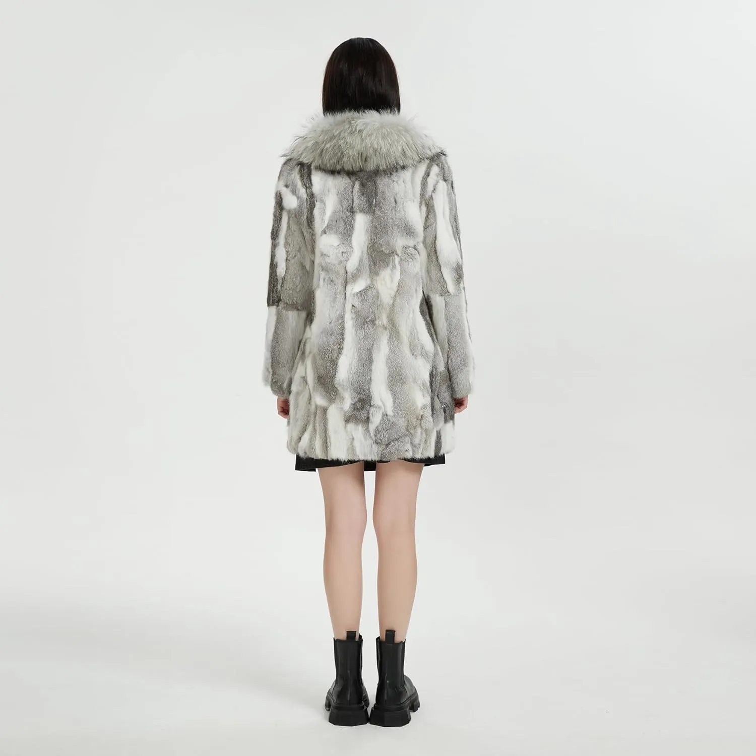 Fur Story Women's Genuine Rabbit Fur Coat Fuzzy Warm Fur Jacket Winter Outware