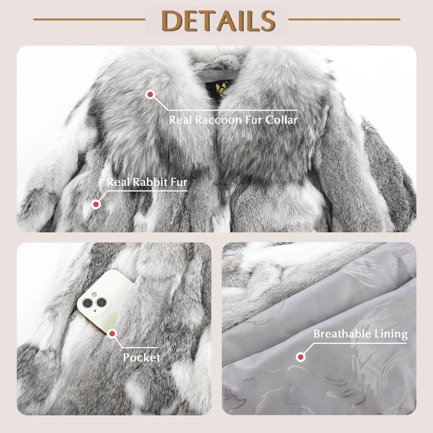 Fur Story Women's Genuine Rabbit Fur Coat Fuzzy Warm Fur Jacket Winter Outware