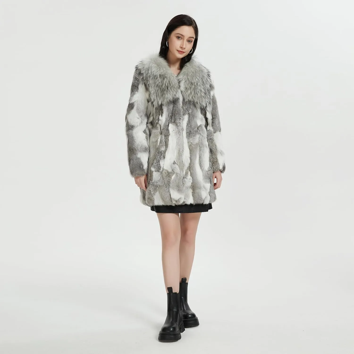 Fur Story Women's Genuine Rabbit Fur Coat Fuzzy Warm Fur Jacket Winter Outware