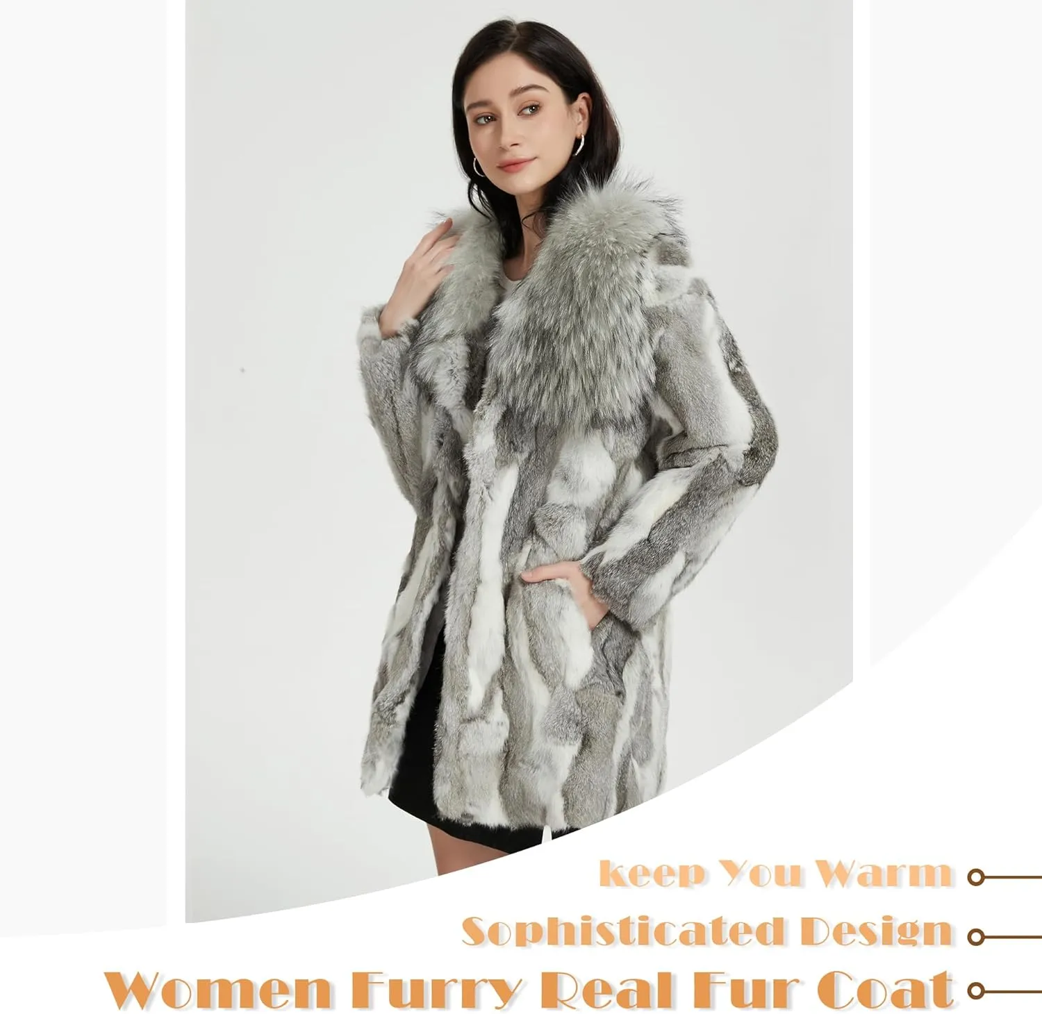 Fur Story Women's Genuine Rabbit Fur Coat Fuzzy Warm Fur Jacket Winter Outware
