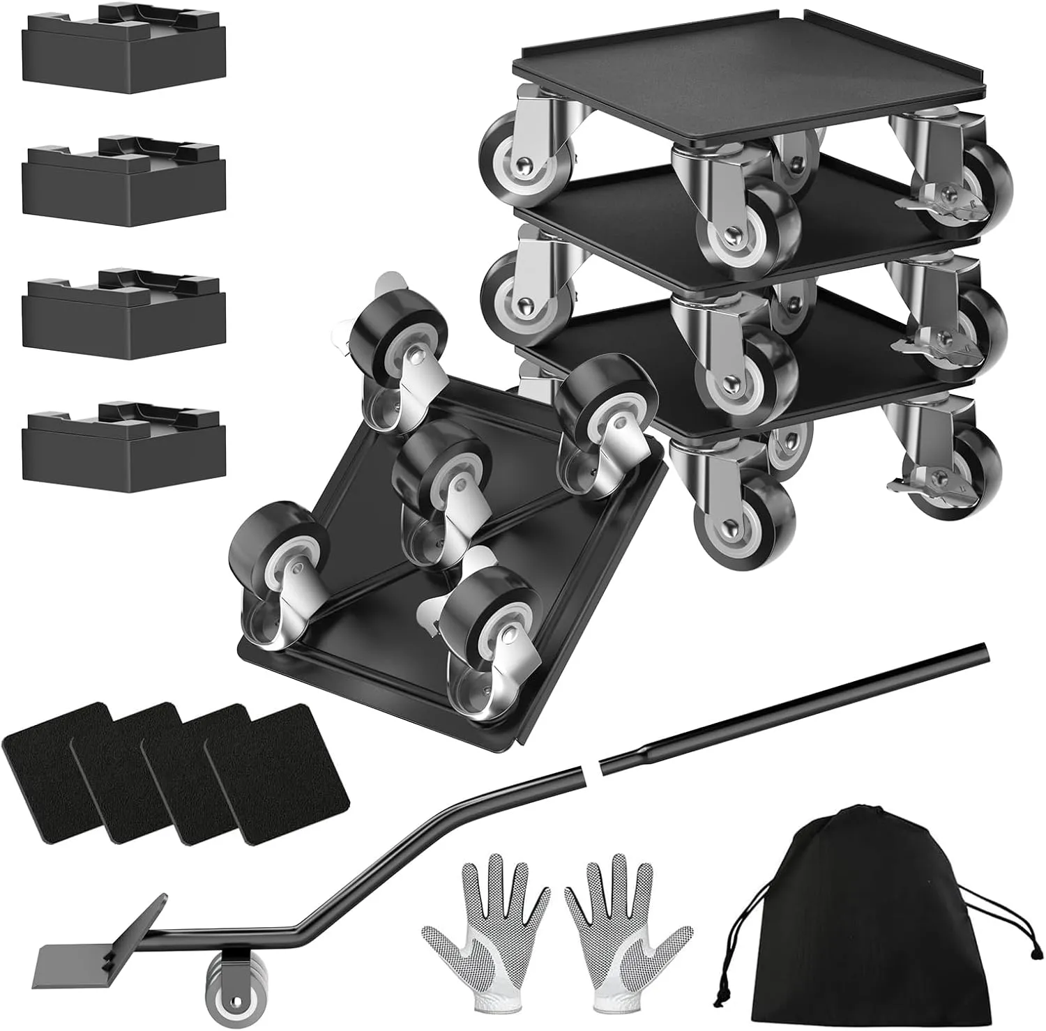 Furniture Movers and Dolly Heavy Duty 1500LBS Capacity 5x 360° Rotating Rubber Wheels Carbon Steel Panel Includes Lifter Jacks and Gliders for Sofa Refrigerator Washer Pro Set（5.4in,Black）