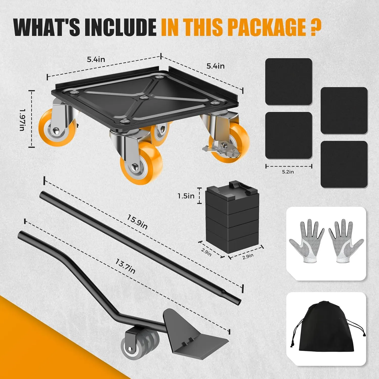 Furniture Movers and Dolly Heavy Duty 1500LBS Capacity 5X 360° Rotating Rubber Wheels Carbon Steel Panel Includes Lifter Jacks and Gliders for Sofa Refrigerator Washer Pro Set（Orange）