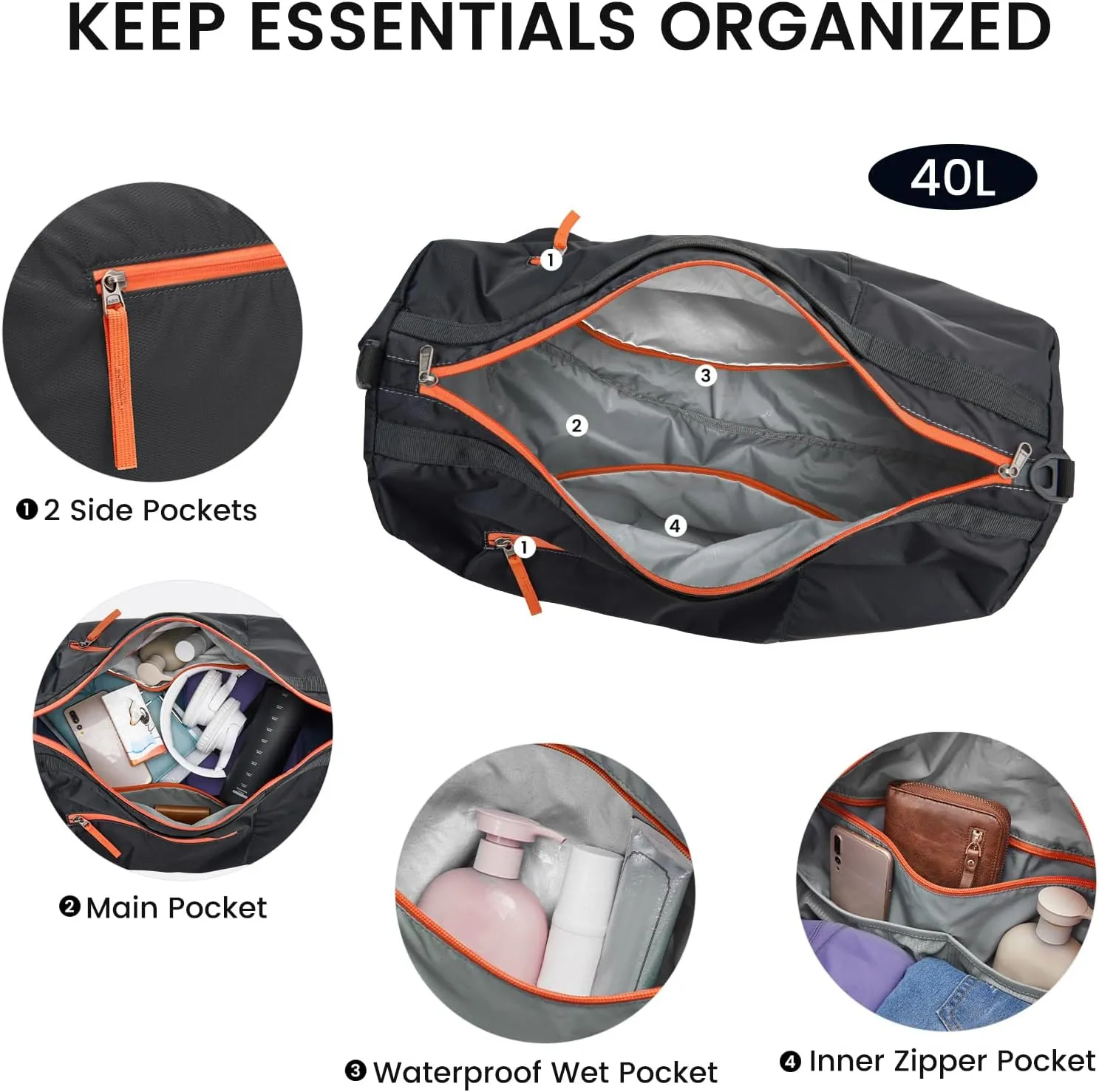 G4Free 40L Large Gym Duffle Bag with Wet Pocket for Travel Overnight Carry On Duffel Bag Women Men (Black)