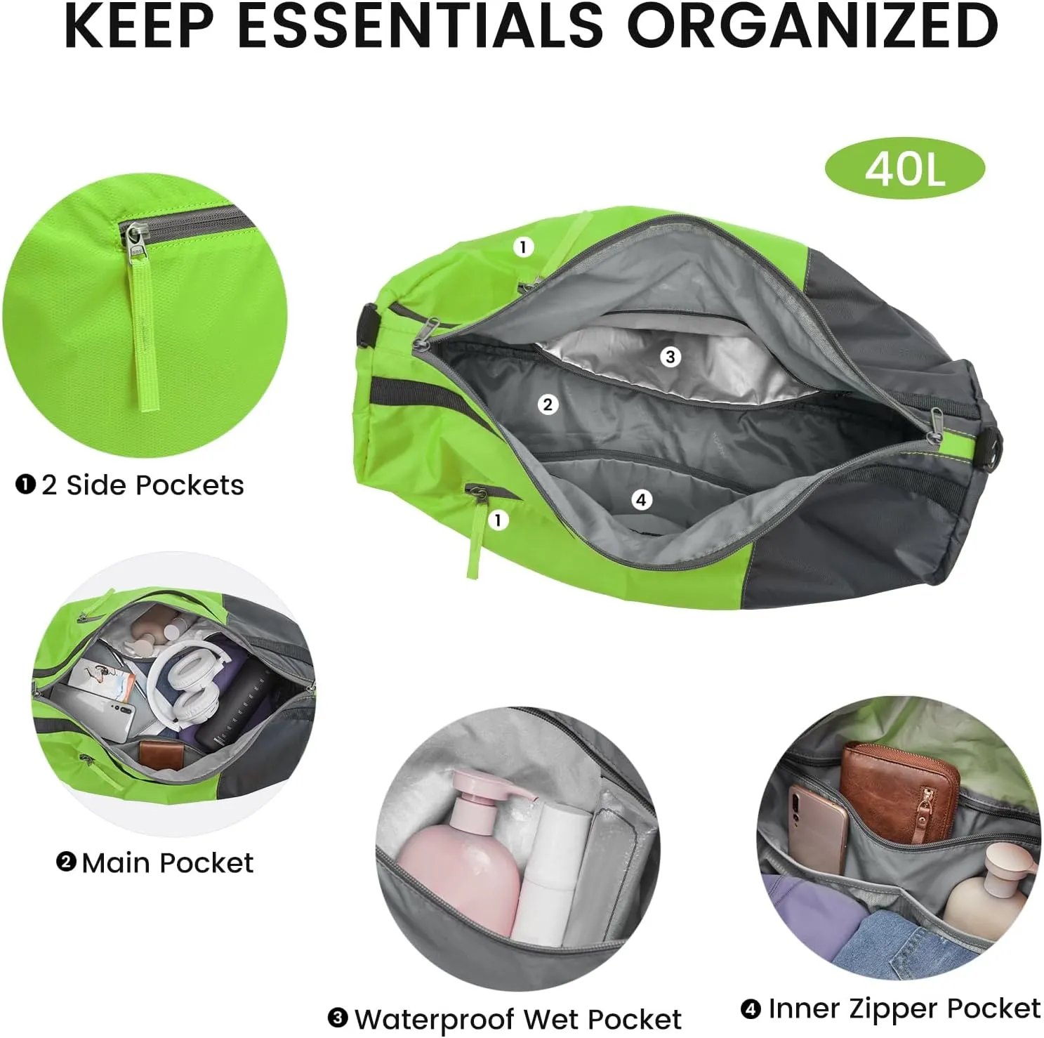 G4Free 40L Large Gym Duffle Bag with Wet Pocket for Travel Overnight Carry On Duffel Bag Women Men (Green)