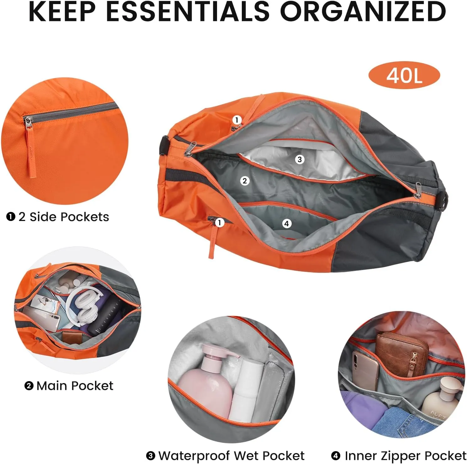G4Free 40L Large Gym Duffle Bag with Wet Pocket for Travel Overnight Carry On Duffel Bag Women Men (Orange)