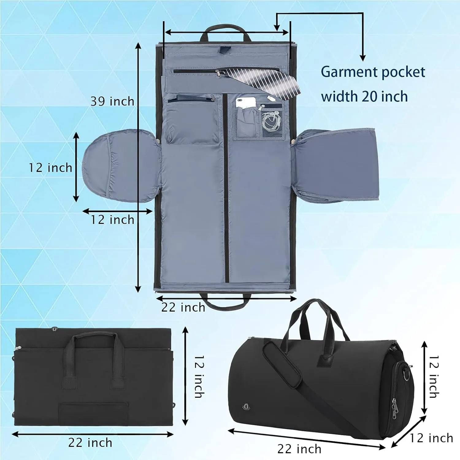Garment Duffle Bags For Travel, Convertible Carry On Garment Bag With Shoulder Strap, Shoes Compartment Carry on Mens Garment Bag For Suits, 2 in 1 Suit Bags For Men Travel