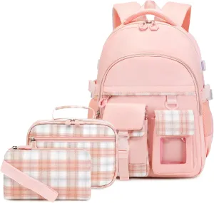 GeeWin School Backpack Set for Teen Girls, Girls Backpack with Matching Insulated Lunch Bag & Pencil Pouch For Kids Elementary Primary Middle School, Cute Waterproof Student Bookbag Daypack (Pink)