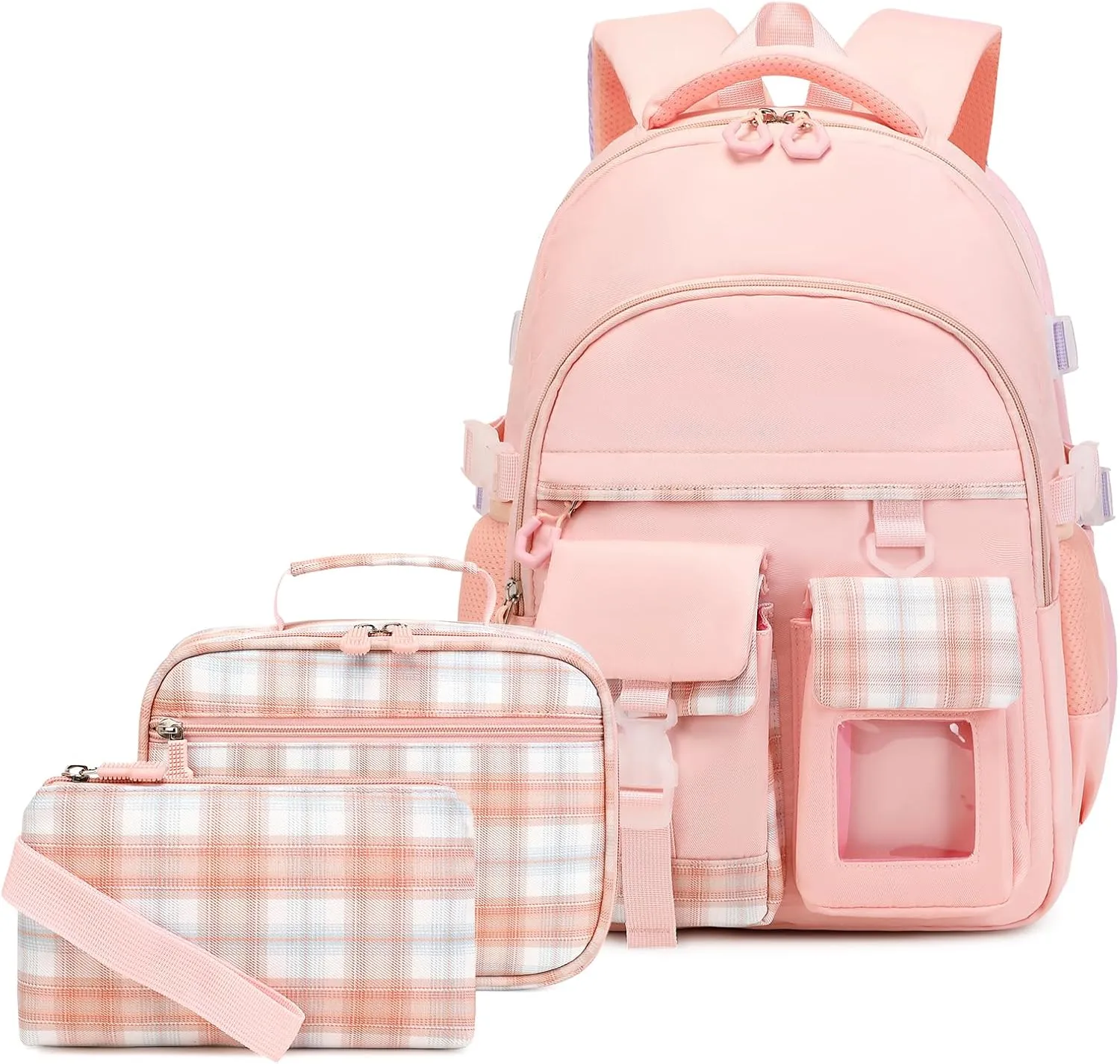 GeeWin School Backpack Set for Teen Girls, Girls Backpack with Matching Insulated Lunch Bag & Pencil Pouch For Kids Elementary Primary Middle School, Cute Waterproof Student Bookbag Daypack (Pink)
