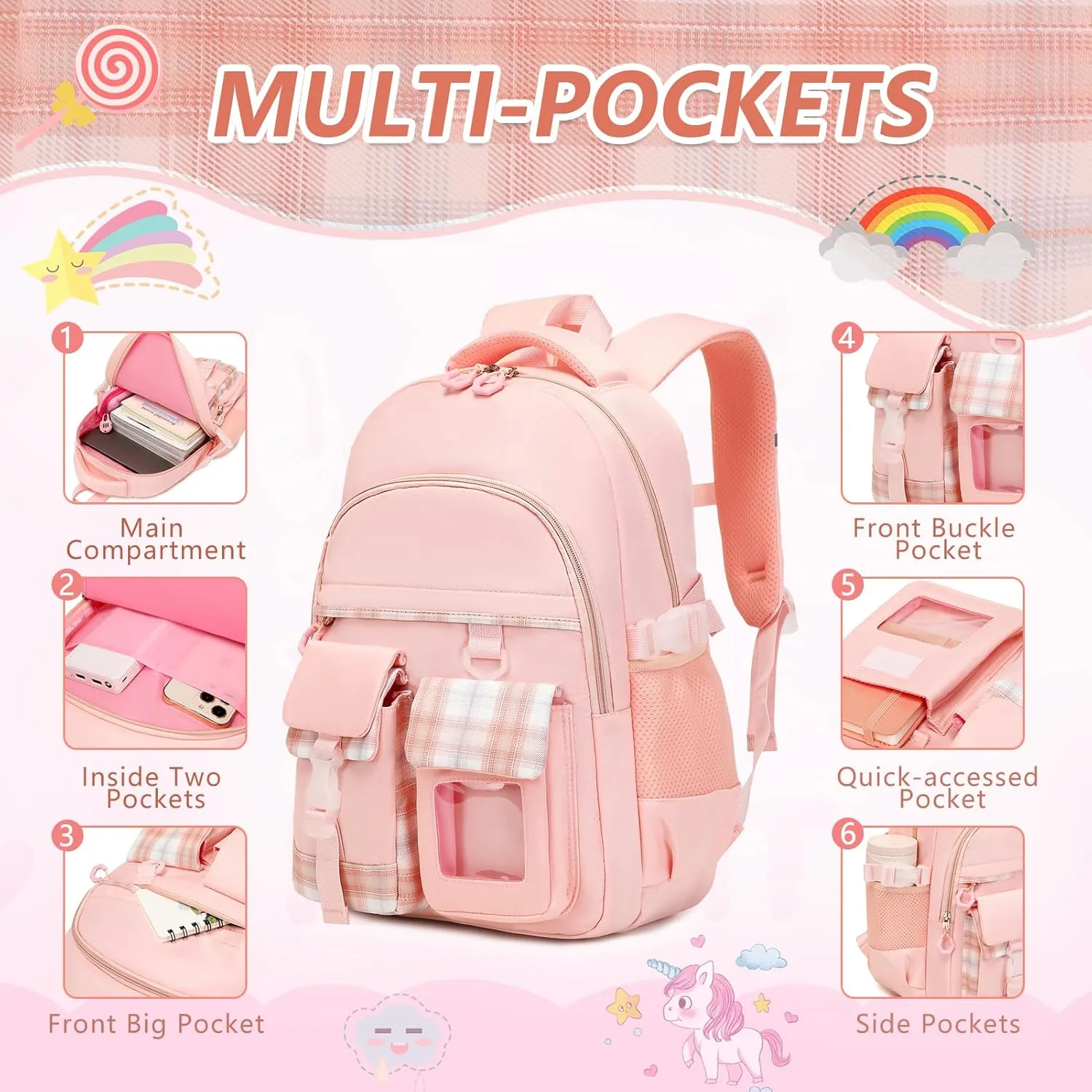 GeeWin School Backpack Set for Teen Girls, Girls Backpack with Matching Insulated Lunch Bag & Pencil Pouch For Kids Elementary Primary Middle School, Cute Waterproof Student Bookbag Daypack (Pink)
