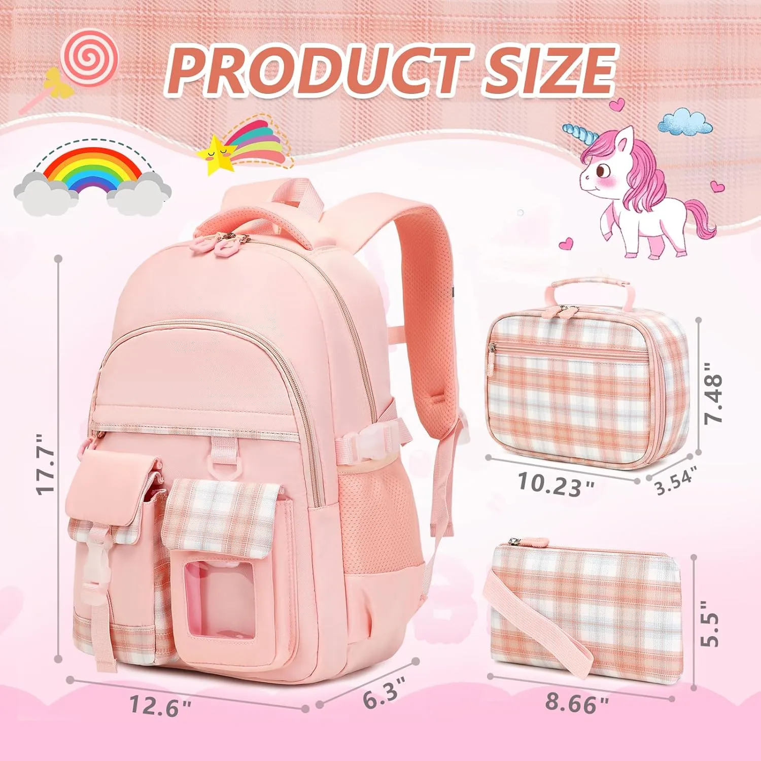 GeeWin School Backpack Set for Teen Girls, Girls Backpack with Matching Insulated Lunch Bag & Pencil Pouch For Kids Elementary Primary Middle School, Cute Waterproof Student Bookbag Daypack (Pink)