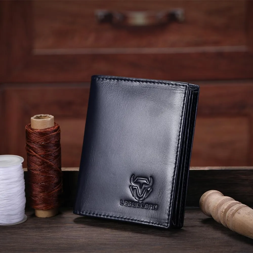 Genuine Leather Bifold Wallet RFID Blocking Wallet Large Capacity Purse Credit Card Holder for Men with 15 Card Slots (Navy)