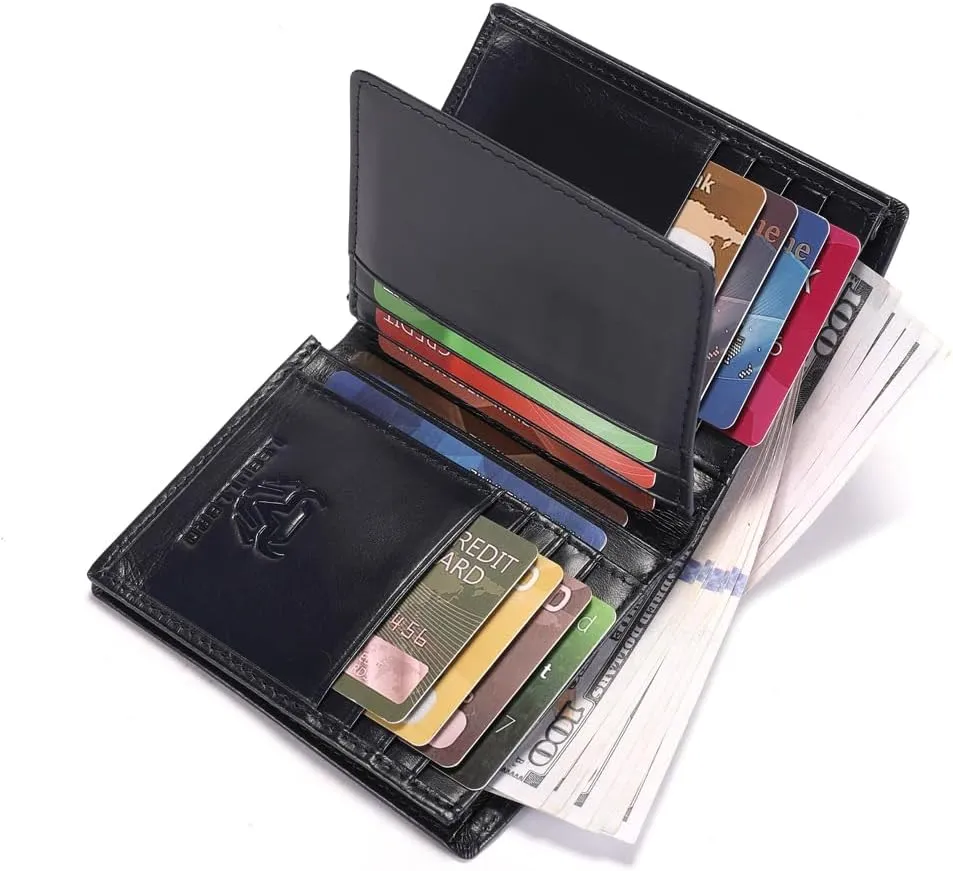 Genuine Leather Bifold Wallet RFID Blocking Wallet Large Capacity Purse Credit Card Holder for Men with 15 Card Slots (Navy)