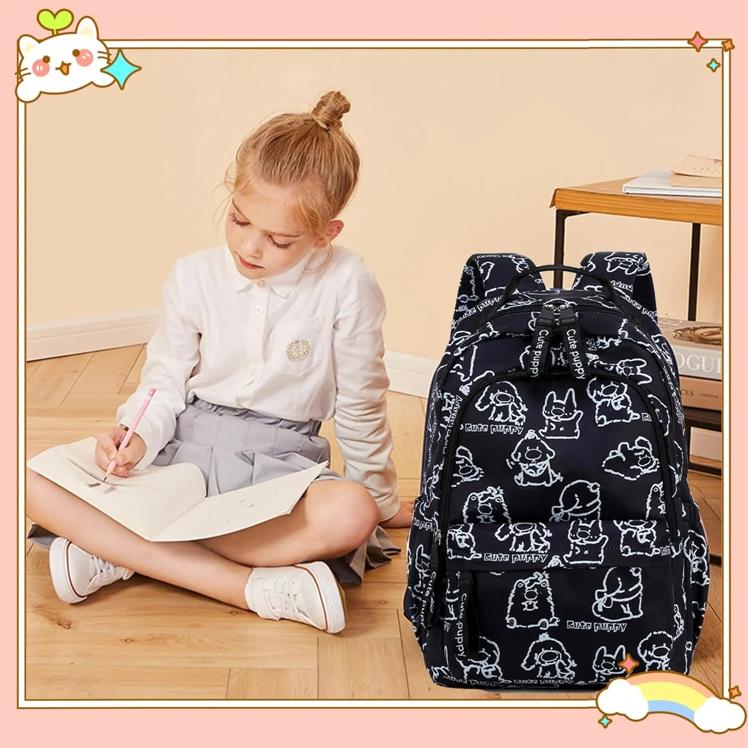 Girl Backpack Dog Print Backpack for Girls Boys Elementary Students Book Bag School Bags for Students