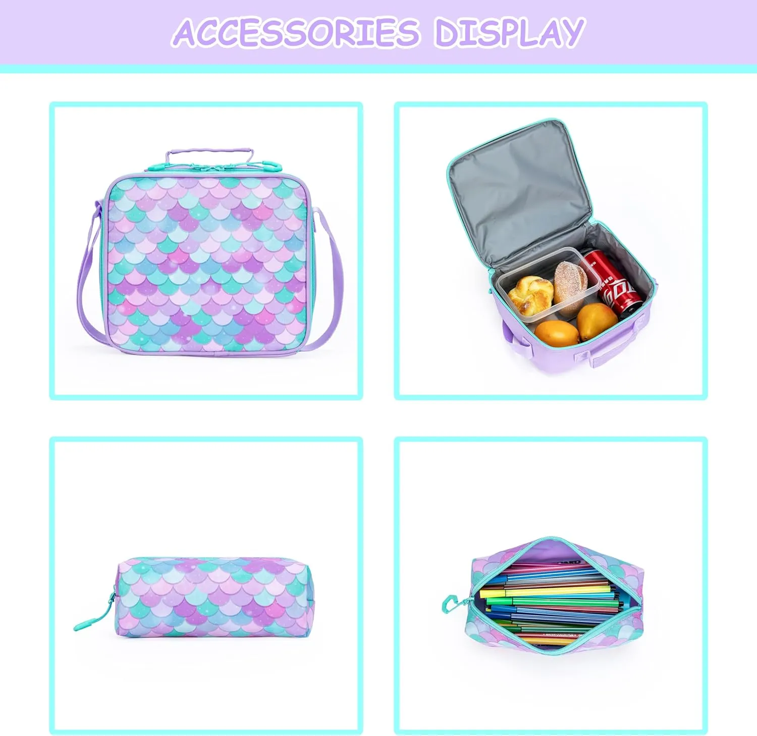 Girls 3 in 1 Rolling Backpack for School Girls Backpack with Wheels Girls Backpack with Lunch Box Set Kids Suitcase for Girls Elementary School Roller Bookbag Kids Travel bag with Wheels