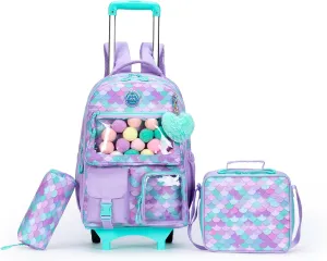 Girls 3 in 1 Rolling Backpack for School Girls Backpack with Wheels Girls Backpack with Lunch Box Set Kids Suitcase for Girls Elementary School Roller Bookbag Kids Travel bag with Wheels