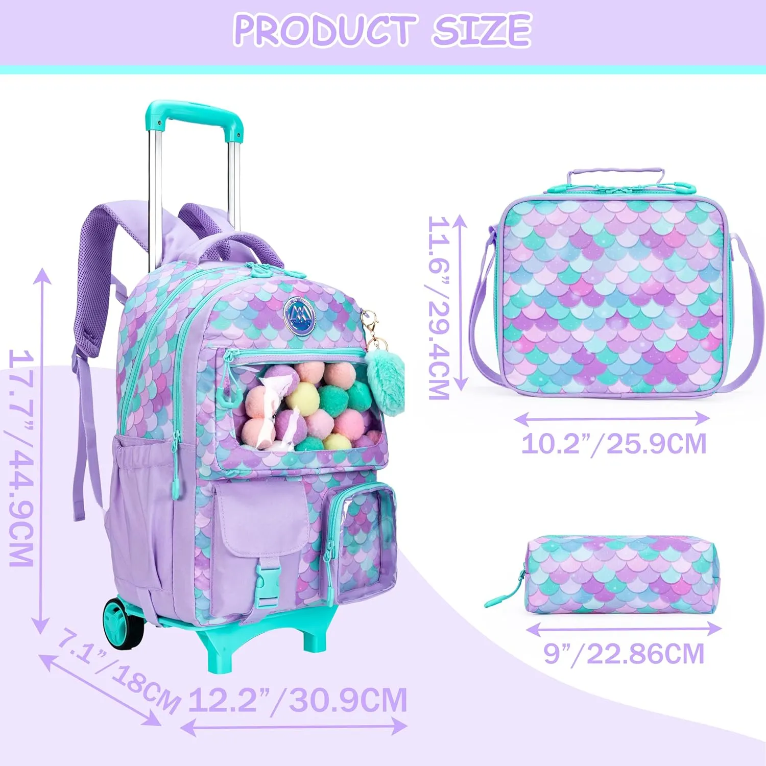 Girls 3 in 1 Rolling Backpack for School Girls Backpack with Wheels Girls Backpack with Lunch Box Set Kids Suitcase for Girls Elementary School Roller Bookbag Kids Travel bag with Wheels