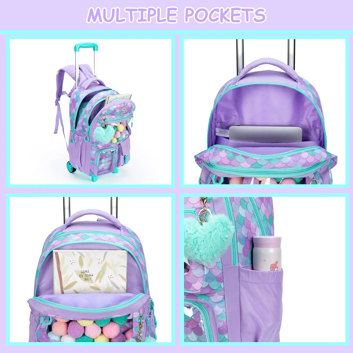 Girls 3 in 1 Rolling Backpack for School Girls Backpack with Wheels Girls Backpack with Lunch Box Set Kids Suitcase for Girls Elementary School Roller Bookbag Kids Travel bag with Wheels