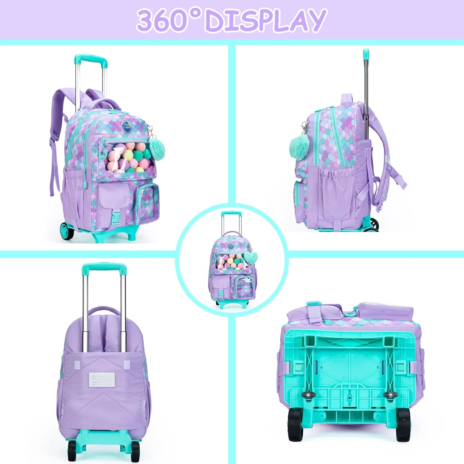 Girls 3 in 1 Rolling Backpack for School Girls Backpack with Wheels Girls Backpack with Lunch Box Set Kids Suitcase for Girls Elementary School Roller Bookbag Kids Travel bag with Wheels