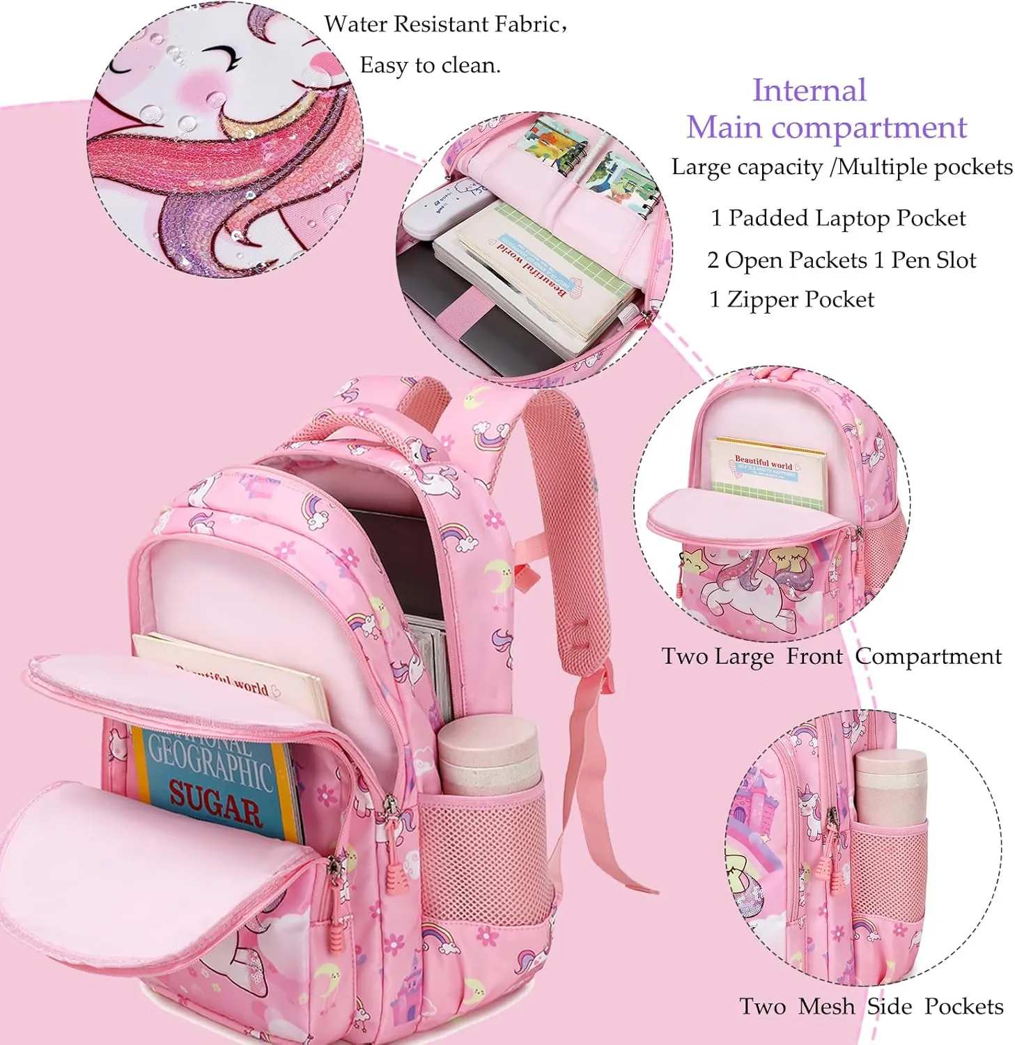 Girls Backpack for Elementary Unicorn Backpack Kids Backpack School Bookbag for Girls 3 in 1 Set Back to School