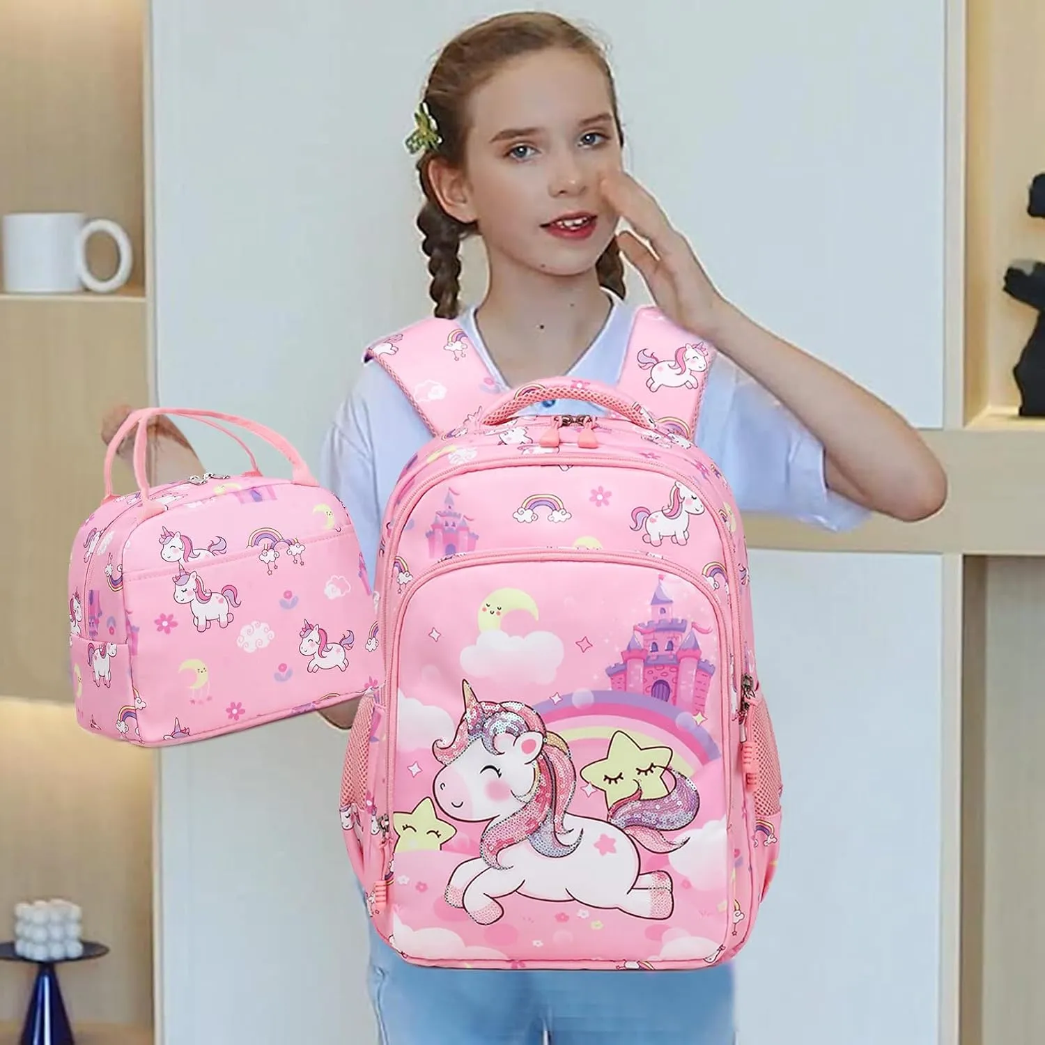 Girls Backpack for Elementary Unicorn Backpack Kids Backpack School Bookbag for Girls 3 in 1 Set Back to School