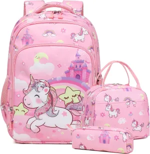 Girls Backpack for Elementary Unicorn Backpack Kids Backpack School Bookbag for Girls 3 in 1 Set Back to School