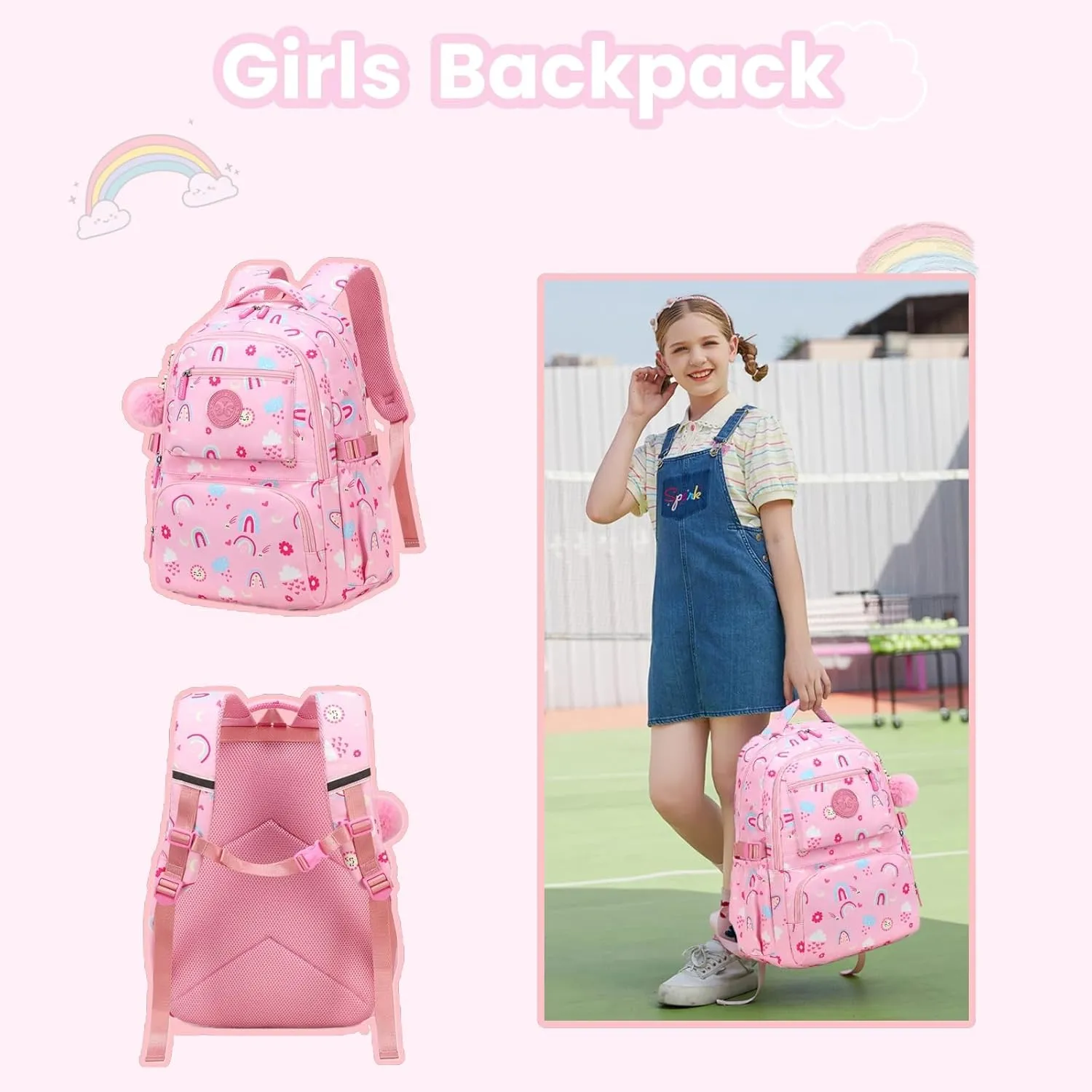 Girls Backpack,Elementary School Bag for Girls,Cute Daypack With Plush Pendant Lightweight Backpack