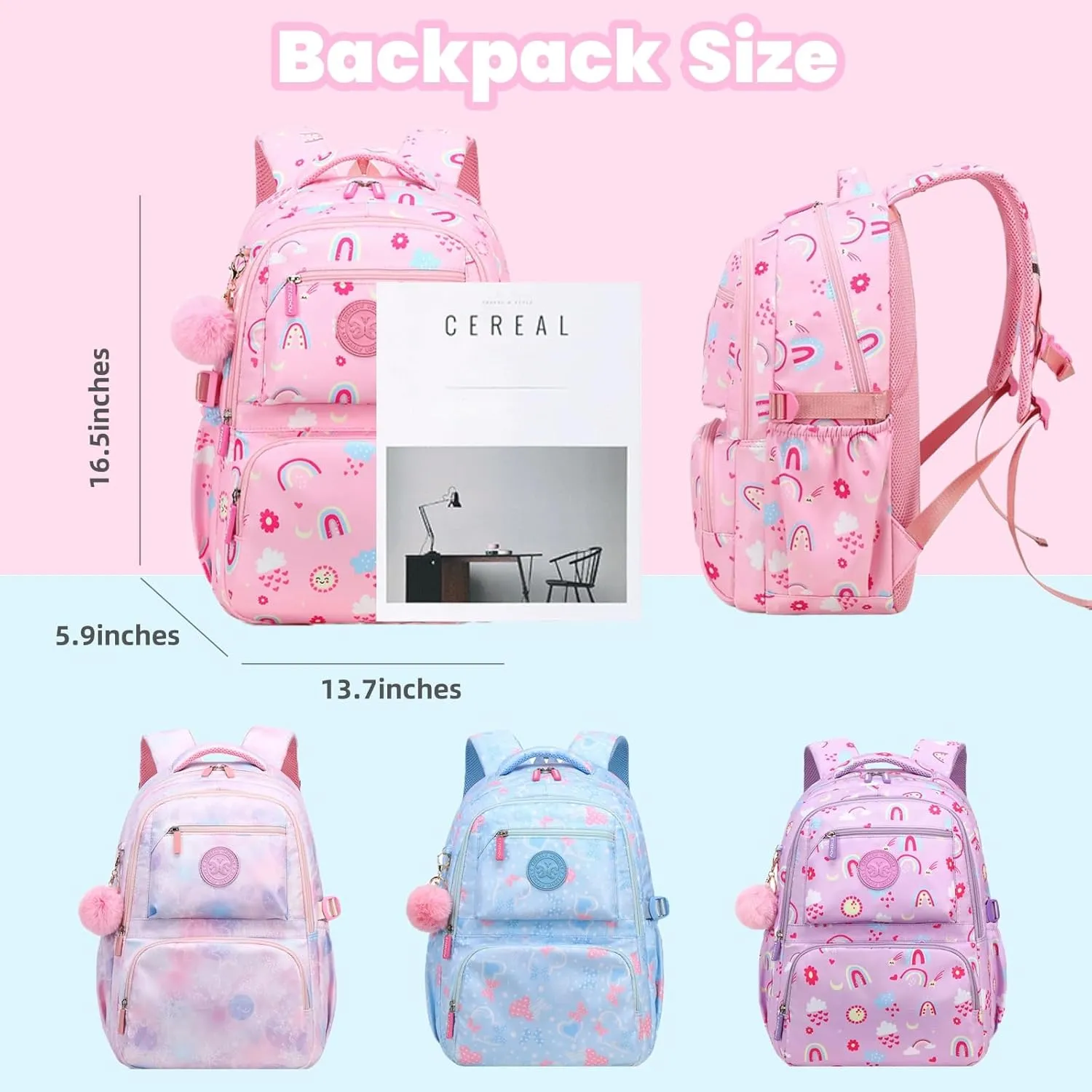 Girls Backpack,Elementary School Bag for Girls,Cute Daypack With Plush Pendant Lightweight Backpack
