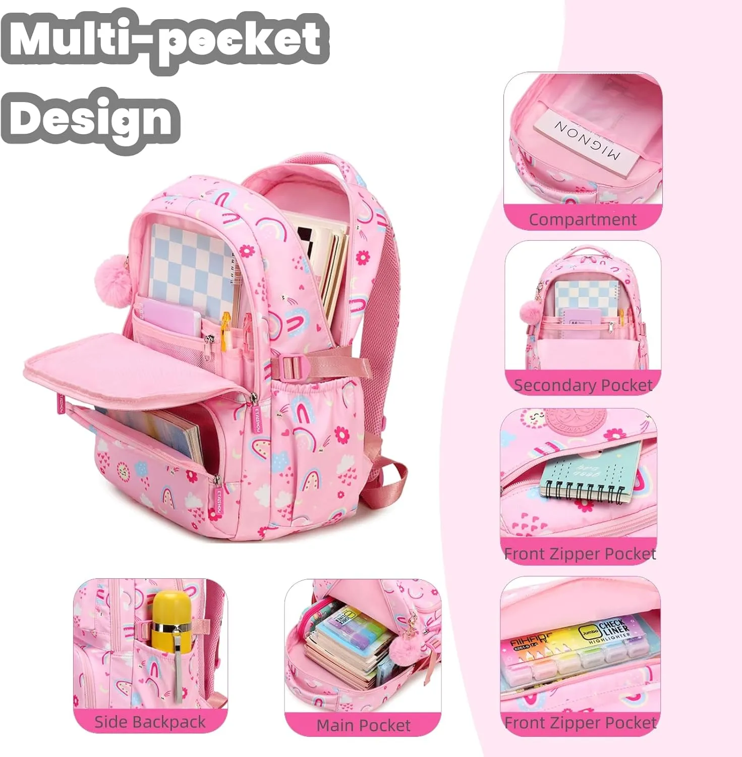 Girls Backpack,Elementary School Bag for Girls,Cute Daypack With Plush Pendant Lightweight Backpack