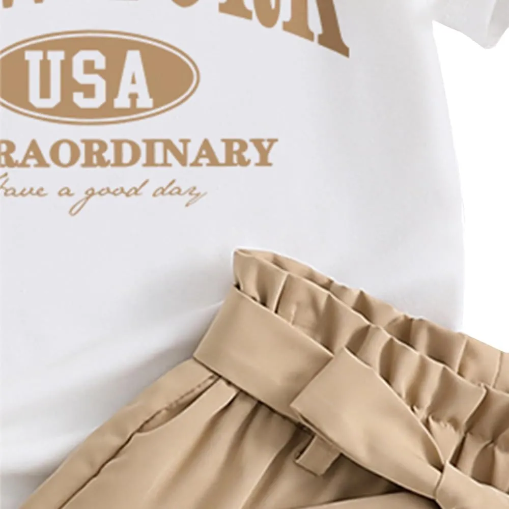 Girls Clothes-Cartoon Graphic Print Short Sleeve & Paperbag Waist Belted Shorts for Toddler Summer Set Size (3~7T)