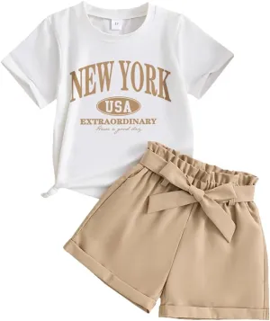 Girls Clothes-Cartoon Graphic Print Short Sleeve & Paperbag Waist Belted Shorts for Toddler Summer Set Size (3~7T)