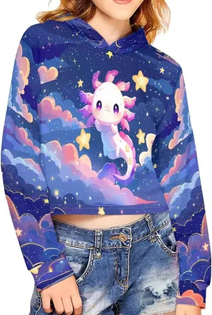 Girls Crop Tops Hoodies Cute Cartoon Graphic Cropped Hooded Sweatshirt 5-14 Y