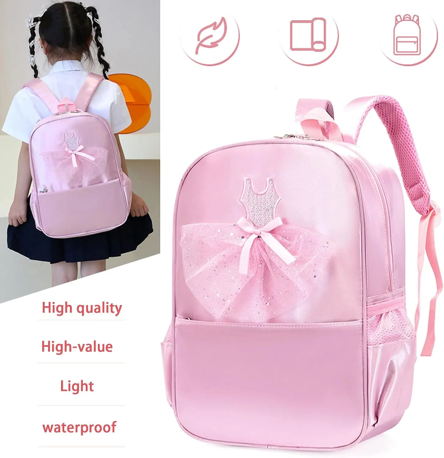 Girls Dance Bag Nylon Backpack Pink Ballet Little Girl Storage Bag, Sequin Decoration Children's School Bag