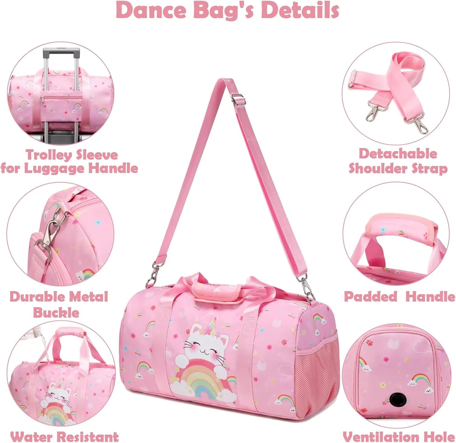 Girls Duffle Bag, Unicorn Cat Dance Gym Sports Ballet Bag with Shoe Compartments, Girls Overnight Weekender Carry On Travel Bag