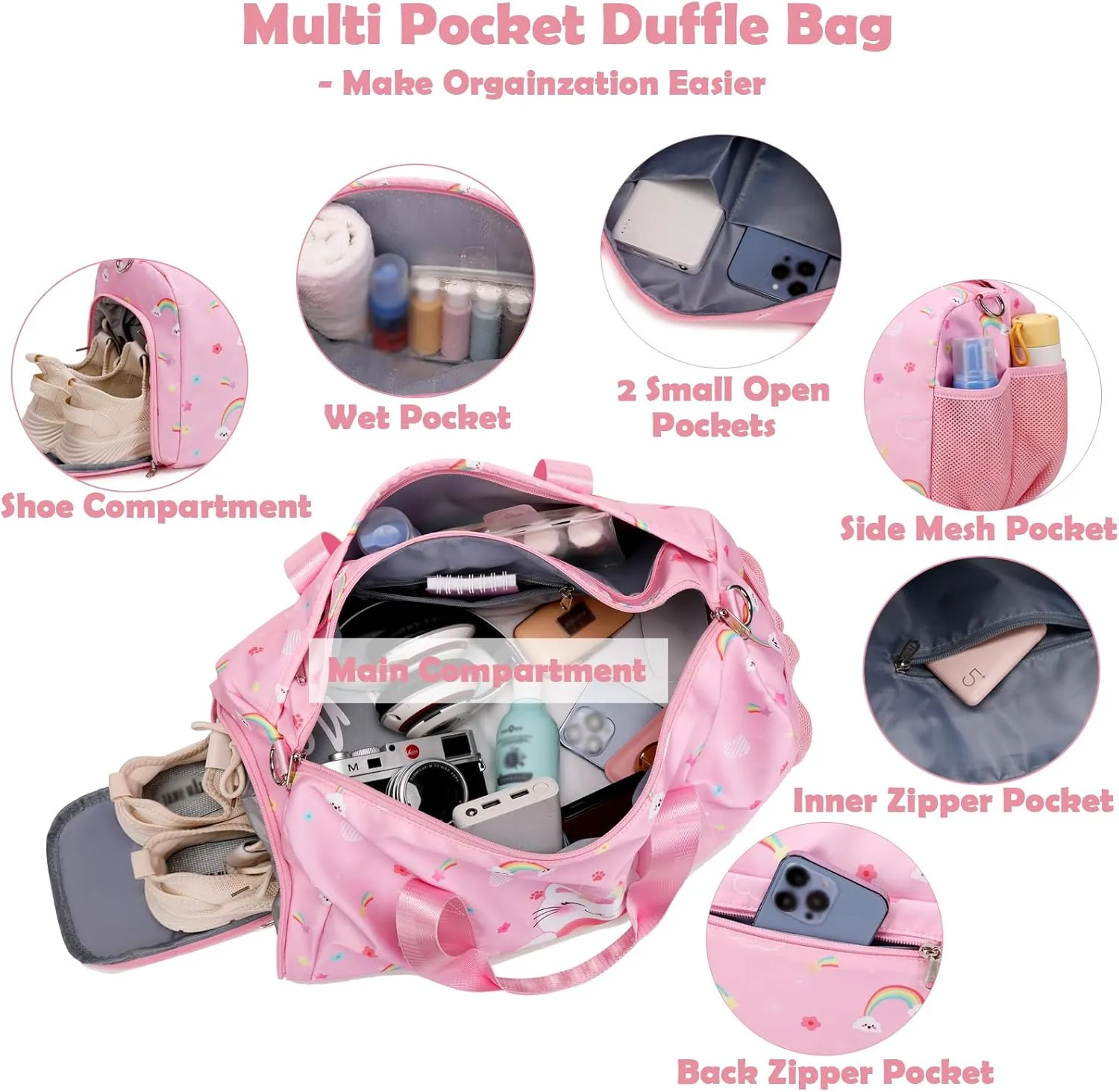 Girls Duffle Bag, Unicorn Cat Dance Gym Sports Ballet Bag with Shoe Compartments, Girls Overnight Weekender Carry On Travel Bag