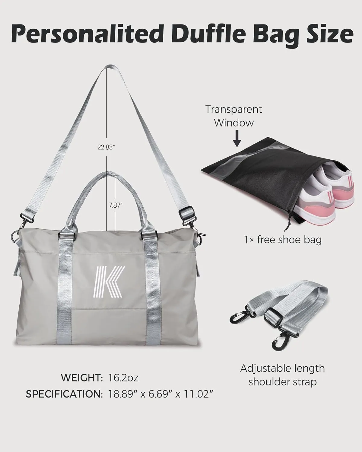 Girls Gifts, Initial Travel Duffel Bag, Sports Bag, Personalized Weekender Bag with Shoulder Strap, Monogram Overnight Bag, Gift for Friend Women Gifts (Letter P)