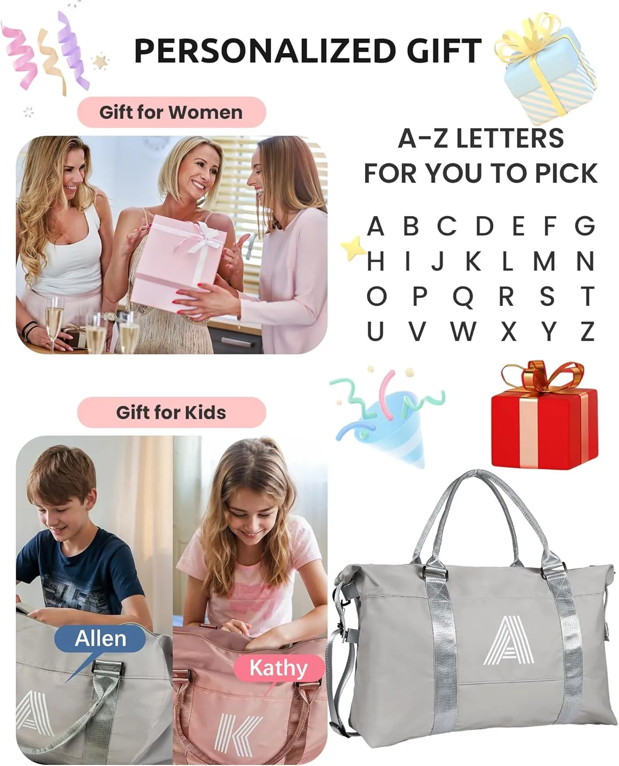 Girls Gifts, Initial Travel Duffel Bag, Sports Bag, Personalized Weekender Bag with Shoulder Strap, Monogram Overnight Bag, Gift for Friend Women Gifts (Letter P)